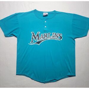 Vintage MLB Florida Marlins Henley T-Shirt Men's Size Large‎ Blue Short Sleeve